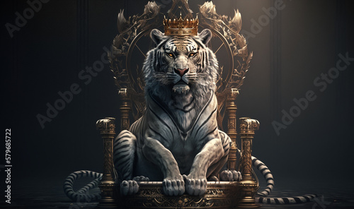 A majestic tiger is sitting on a throne with a crown on its head. AI