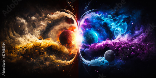 An image of two different colored planets in space. Generative AI.