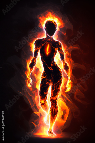 An image of woman with fire on her body. Generative AI.