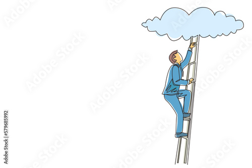 Continuous one line drawing businessman climbing up career ladder to cloud. Successful rising business development. Professional growth and promotion. Single line design vector graphic illustration