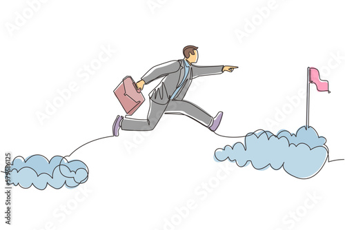 Single continuous line drawing fearless brave businessman make risk by jump over clouds to reach his success target or flag. Challenge of his career. One line draw graphic design vector illustration