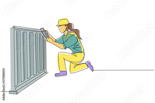Single continuous line drawing plumber repair and installation of batteries. Repairwoman fixing pipes in heater battery radiator. Repair, maintenance professional service. One line draw design vector