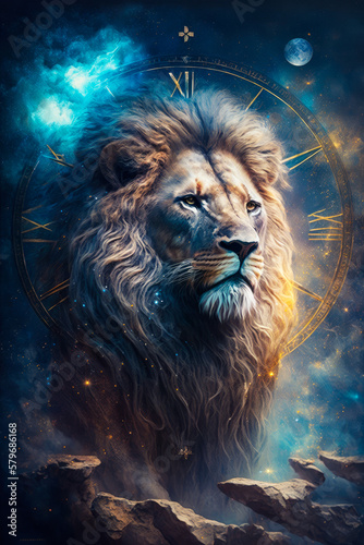 Lion in front of clock and stars. Generative AI.