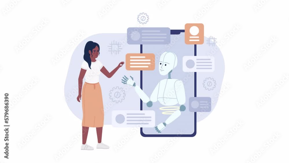 Animated AI assistant on phone. Perform daily tasks. Communicating with chatbot. 2D cartoon flat character 4K video footage on white with alpha channel transparency. Concept animation for web design Animated AI assistant on phone. Perform daily tasks. Communicating with chatbot. 2D cartoon flat character 4K video footage on white with alpha channel transparency. Concept animation for web design