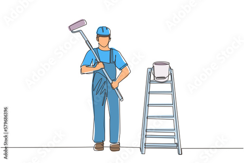 Continuous one line drawing painter man in overalls with a painting roller, with bucket and ladder. Room painter. Handyman. Construction worker. Single line draw design vector graphic illustration