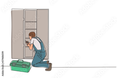 Continuous one line drawing repair, maker or constructions of wood home furniture. Man carpenter is assembling of wardrobe or cabinet with shelves. Single line draw design vector graphic illustration