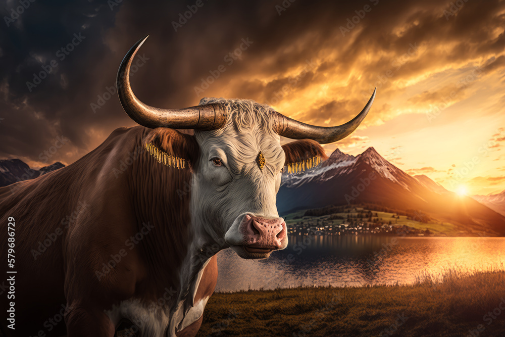Bull standing in front of lake at sunset. Generative AI.