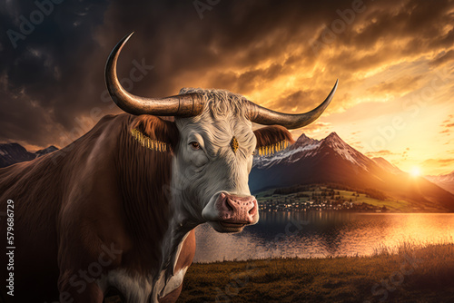 Bull standing in front of lake at sunset. Generative AI.