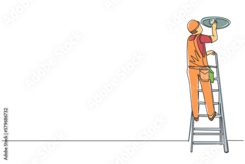 Continuous one line drawing worker electrician on ladder change light bulb. Professional repairman in uniform and helmet working. Idea of electricity. Single line design vector graphic illustration
