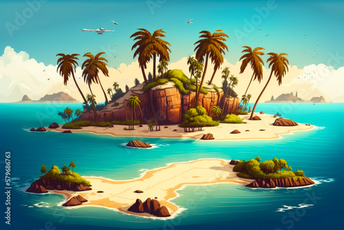 Cartoon island with palm trees and rocks. Generative AI.