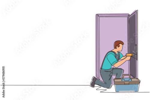 Single continuous line drawing door service. Repairman in the uniform with special equipment repair door element. Locksmith fix lock. Construction services. Dynamic one line draw graphic design vector