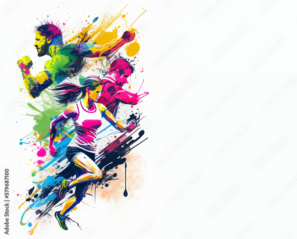Fitness and  athletics sports people action colorful splash horizontal banner on white illustration with copy space. Generative AI graphic