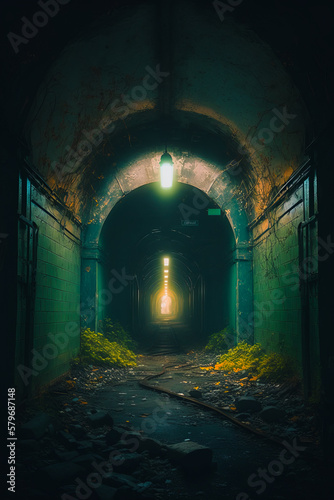 Dark tunnel with light coming out of it. Generative AI. © valentyn640