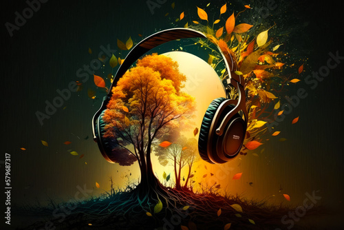 An image of headphones with trees and leaves. Generative AI.