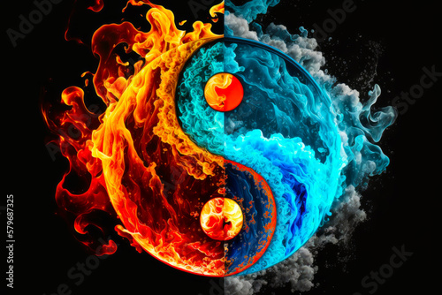 The yin and yang symbol in fire and water. Generative AI.