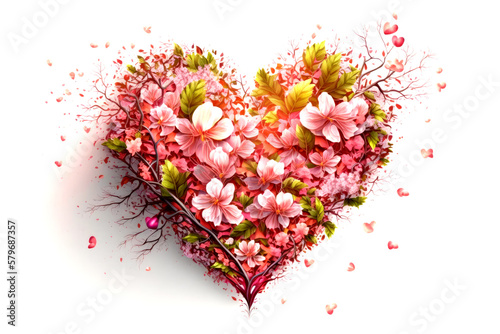 Heart shaped with pink flowers and leaves. Generative AI.