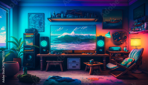 An image of room with colorful lights and speakers. Generative AI.