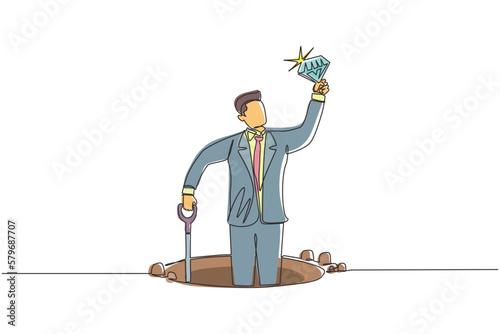Single one line drawing happy businessman hold and find diamond from ground. Excited treasure seeker with precious stone in hand. Treasure gold hunting. Continuous line draw design vector illustration