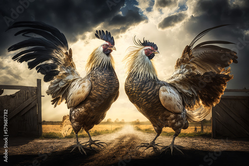 Fototapeta Two roosters standing in front of dirt road. Generative AI.