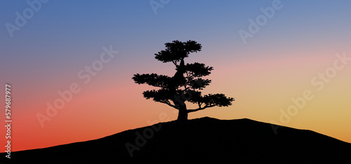 Ficus Pertusa tree over sunrise sky. Copy space. Banner  wallpaper  background. 3d illustration. 