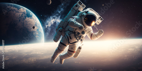An astronaut floating in outer space with the earth in the background. Generative AI.