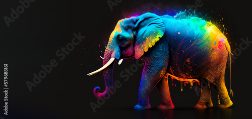 An elephant painted in bright colors on black background. Generative AI.