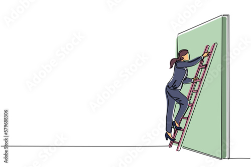 Continuous one line drawing businesswoman climbing up the wall with ladder. Business obstacle metaphor. Symbol for career growth, finding creative solution. Single line draw design vector illustration