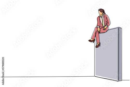Single one line drawing businesswoman sad sitting on wall thinking of profit loss, crisis and financial losses in the trading market. Evaluation business concept. Continuous line draw design vector