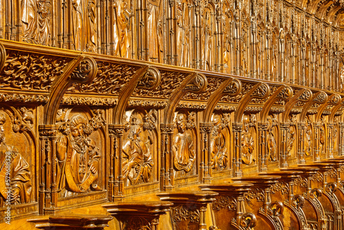 Cathedral interior in Zamora. Religious wooden choir stalls. Castilla Le  n