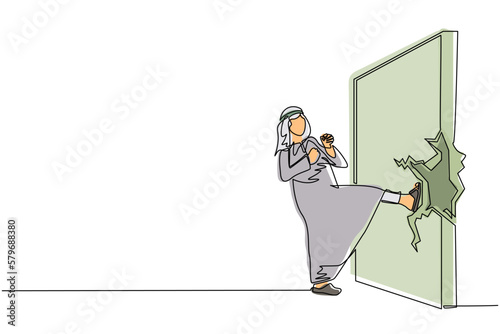 Single continuous line drawing Arab businessman doing kungfu or karate kick to destroy brick wall. Business concept of obstacle and solution. Obstruction ruined with force. One line draw design vector