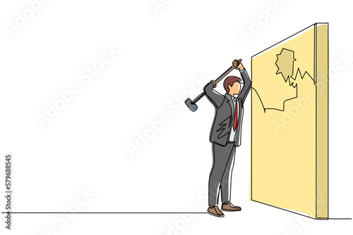 Single continuous line drawing businessman breaks and hitting wall with hammer. Achievement way for success. Breakthrough to goal. Leadership in business. Strong people. One line draw design vector