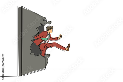 Single continuous line drawing businessman run and breaking through brick wall. Leadership concept. Business concept of obstacle and solution. Dynamic one line draw graphic design vector illustration