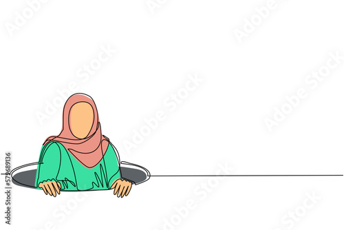 Single one line drawing Arab businesswoman emerges from hole. Concept of failure to take advantage of business opportunities. Depressed and business failure. Continuous line draw design graphic vector
