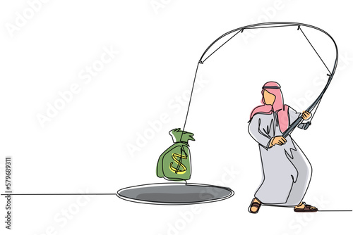 Single continuous line drawing Arabian businessman holding fishing rod got big money bag from hole. Man catching money bag with fishing rod. Business concept. One line draw design vector illustration