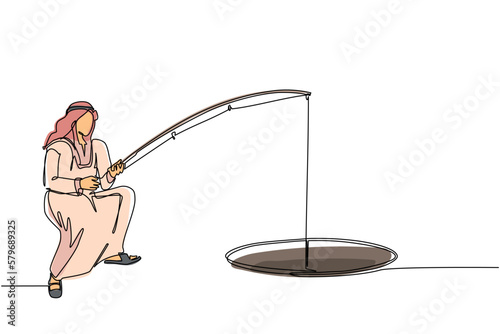 Continuous one line drawing Arab businessman holding fishing rod from hole. Man fishing with rod. Business investment concept. Make money from idea. Single line draw design vector graphic illustration