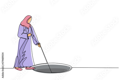 Continuous one line drawing Arab businesswoman stretch out rope into hole. Woman wondering, looking at big hole, business concept in opportunity, exploration, challenge. Single line draw design vector