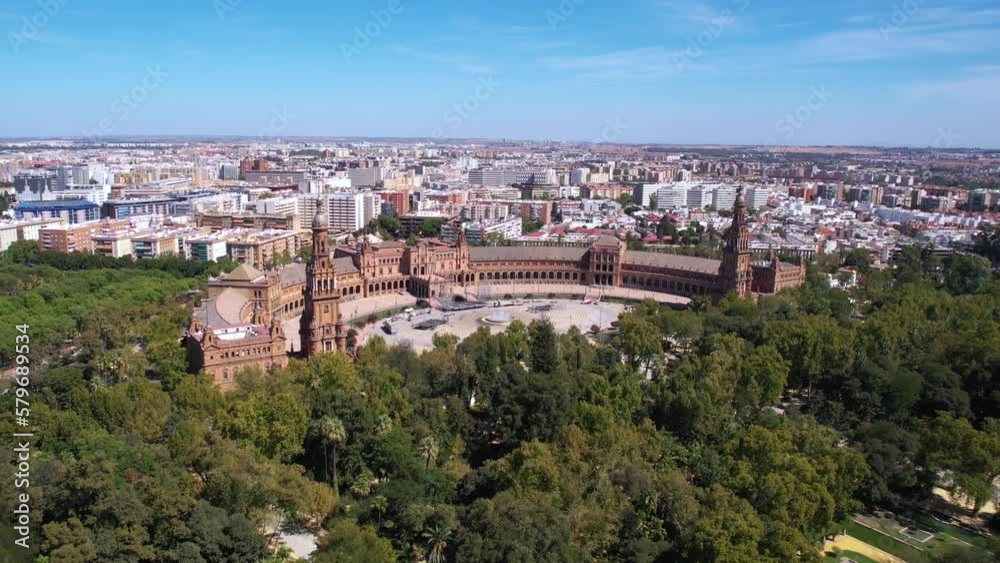 Aerial View of Plaza de Espana, Seville Spain. Historic Landmarks and Tourist Attractions, Drone Shot Aerial View of Plaza de Espana, Seville Spain. Historic Landmarks and Tourist Attractions, Drone Shot