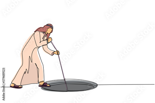 Single one line drawing Arab businessman stretch out rope into hole. Man wondering and looking at big hole, business concept in opportunity, exploration, challenge. Continuous line draw design vector