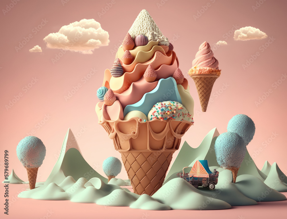 Ice cream. Ice cream land. Fairy tale landscape made in ice cream