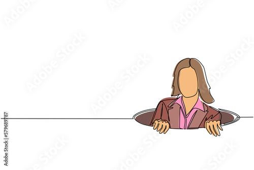 Single continuous line drawing businesswoman emerges from hole. Concept of failure to take advantage of business opportunities. Depressed and business failure. One line draw design vector illustration