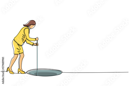 Continuous one line drawing businesswoman stretch out rope into hole. Woman wondering and looking at big hole, business concept in opportunity, exploration or challenge. Single line draw design vector