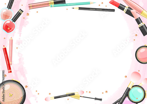 Glamour background. Beautiful illustration of colorful makeup products with golden stars and watercolor brush strokes. Vector 10 EPS.