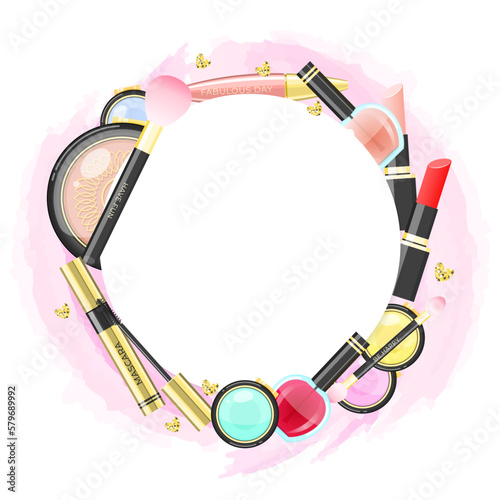 Glamour background. Beautiful illustration of colorful makeup products with golden stars and watercolor brush strokes. Vector 10 EPS.