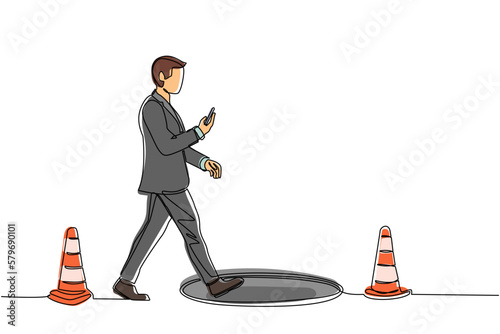 Single one line drawing businessman character going on street watching by smart phone and did not see open manhole. Man walks to business rap. Continuous line draw design graphic vector illustration