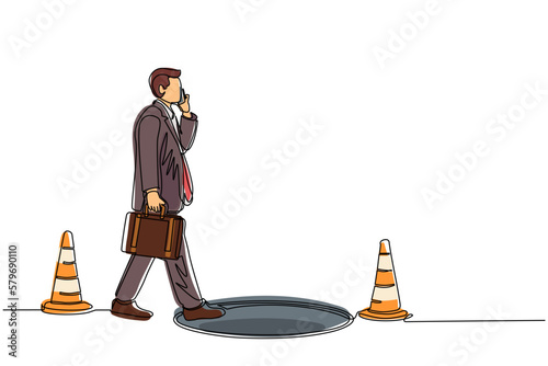 Single one line drawing businessman talking on cell phone and he does not see the hole in front. Man walks to business trap. Metaphor. Modern continuous line draw design graphic vector illustration