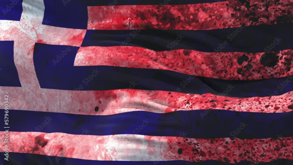 The American People Series #18: The Flag Is Bleeding Greek flag stained with blood. Greece flag waving in the wind with high