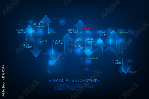 Vector stock market graph trading chart with world map.