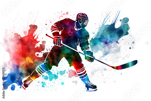 Wallpaper Mural Sportsman playing hockey on watercolor rainbow splash