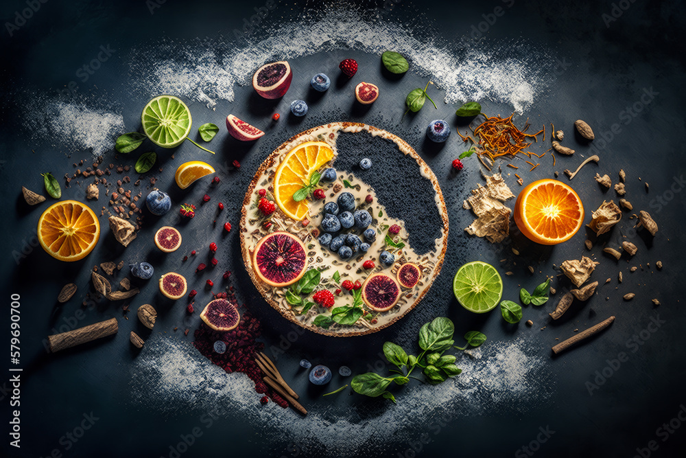 An image of pizza with fruit and spices. Generative AI.