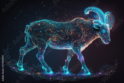 Aries constellation, neon zodiac sign sheep. Generative AI